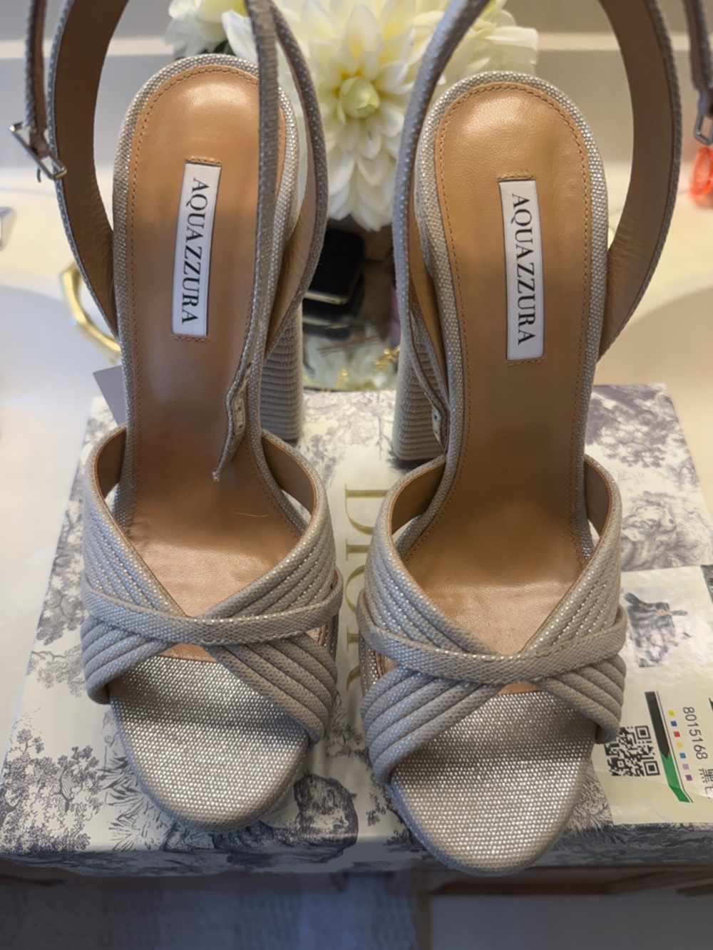 Aquazzura Shimmery Taupe Braided Slingback Heels